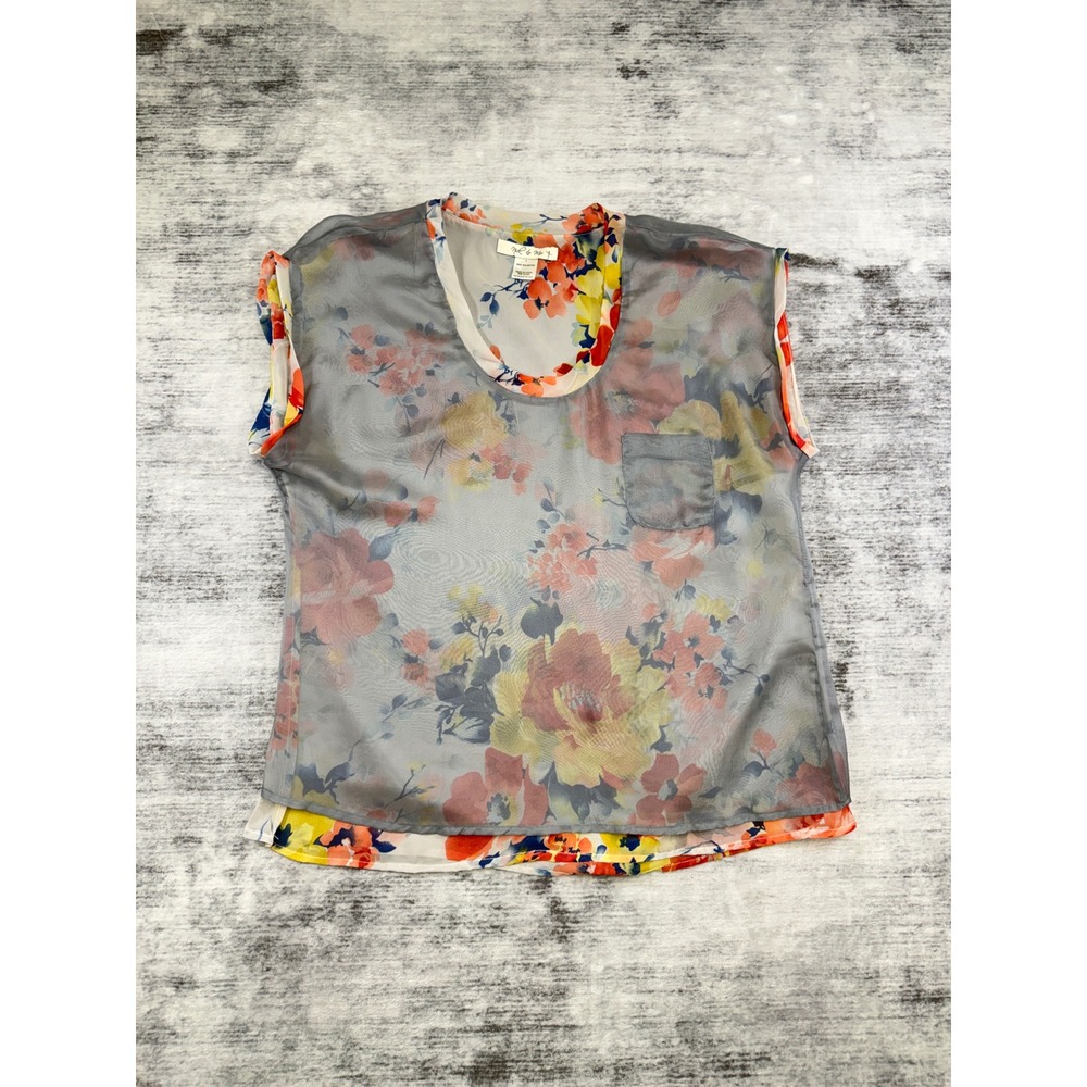 Nick & Mo Womens Floral Layered Mesh Sleeveless Scoop Neck Top Grey Orange Large